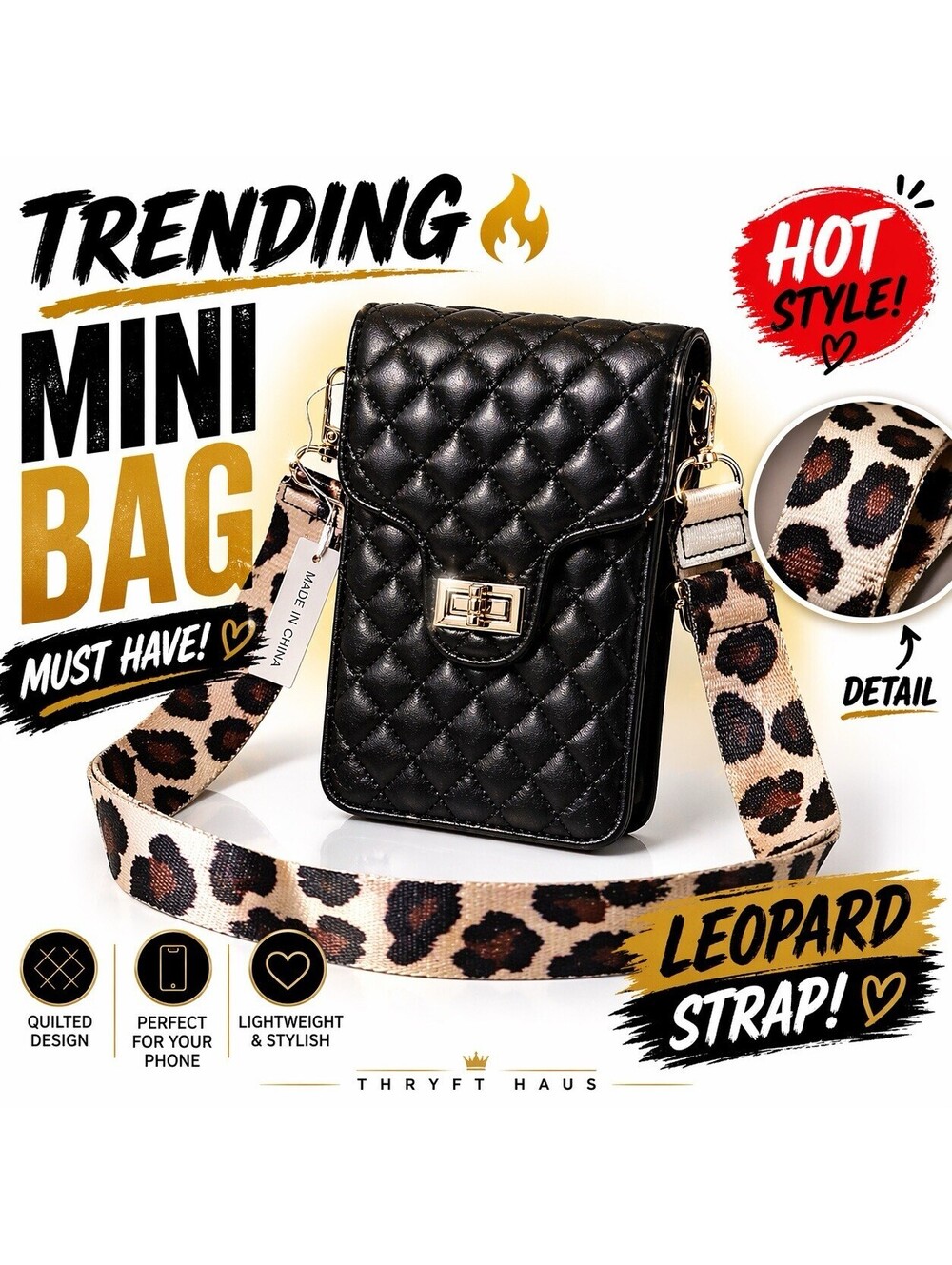 Black Quilted Mini Crossbody Bag Gold Turn Lock Leopard Strap Trendy Phone Purse